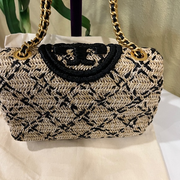 Tory Burch Fleming Soft Straw Raffia Leather Clutch Bag Natural Black Gold EUC - Picture 4 of 16